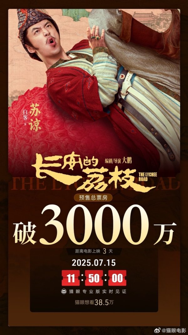 科元网 电影《长安的荔枝》点映及预售总票房破3000万